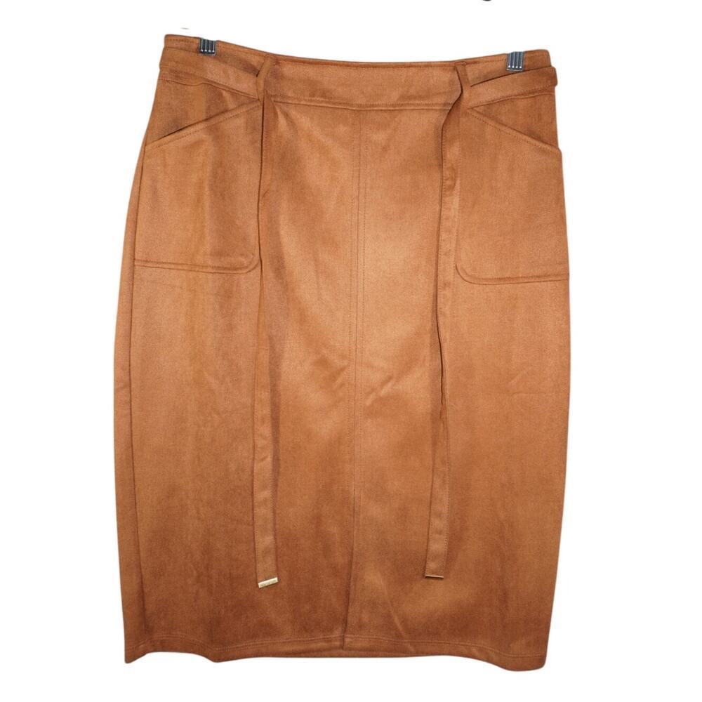 NYCC Camel Faux Suede Midi Pencil Skirt High Waist Belted Minimalist M - Picture 3 of 6
